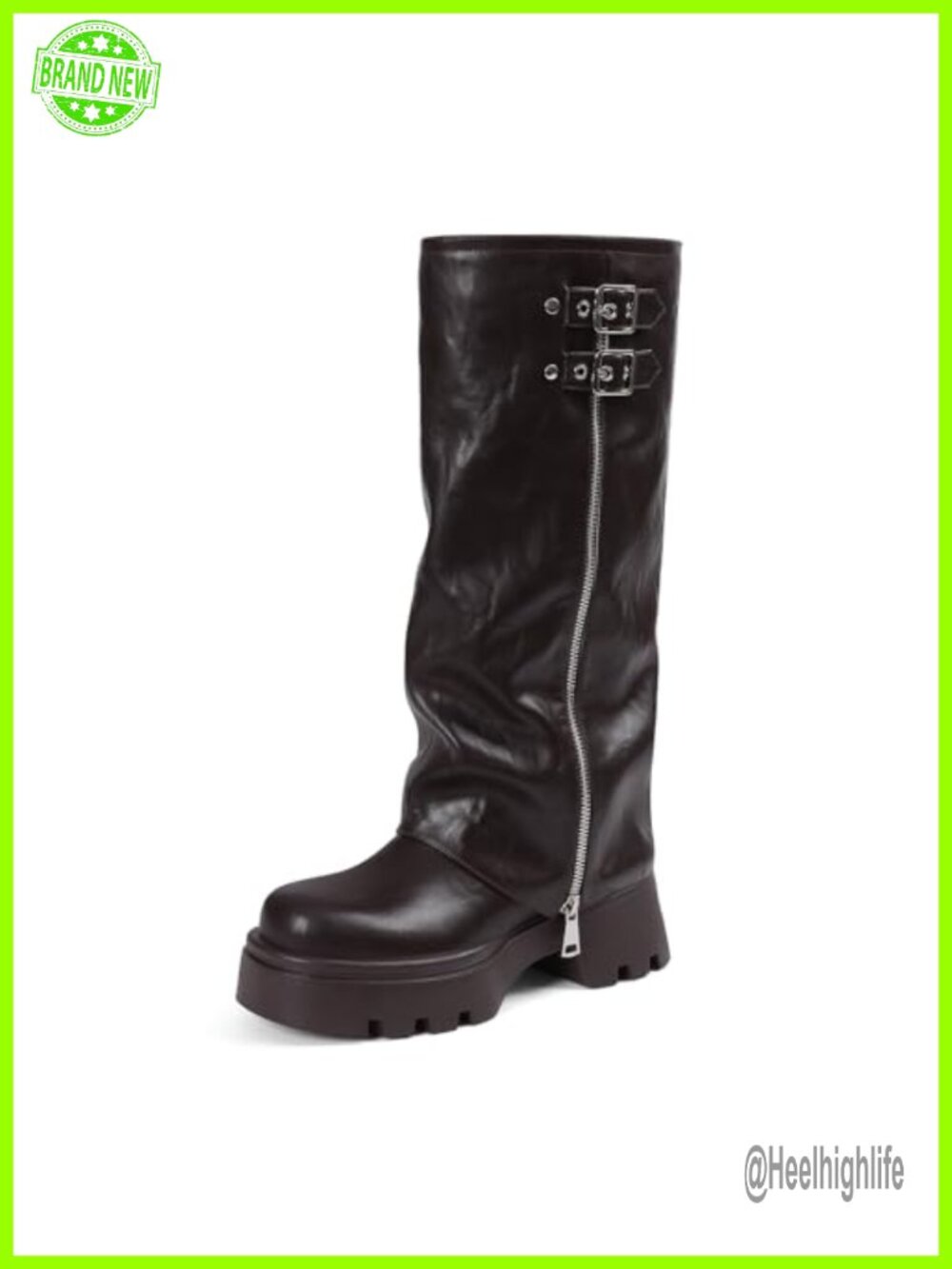 Platform Fold Over Knee High Boots Faux Leather Combat Riding